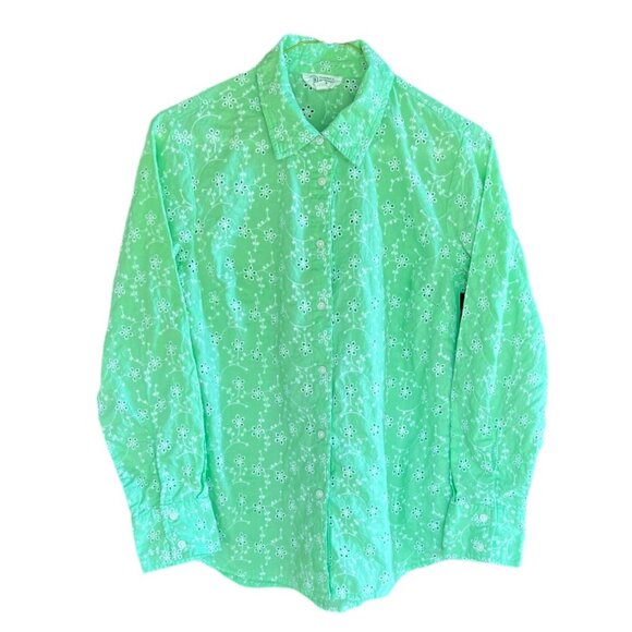 Candace Cameron Bure Green Cotton Eyelet Flowers Button Down Shirt Sz XXSP - Picture 10 of 10